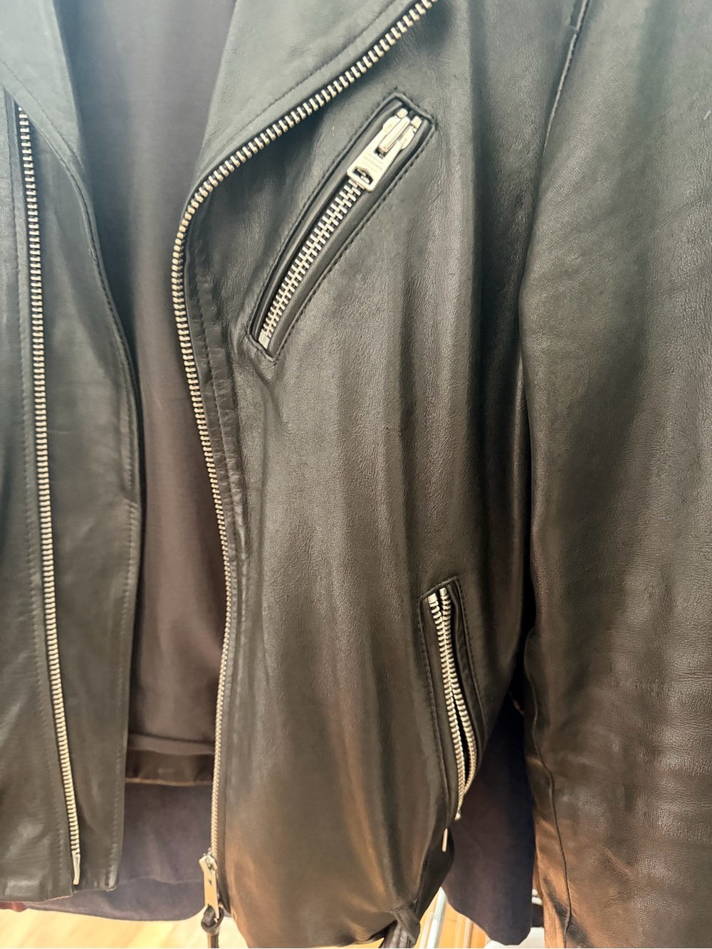 AllSaints Black Leather Jacket with Contrast Lining - Picture 5 of 6
